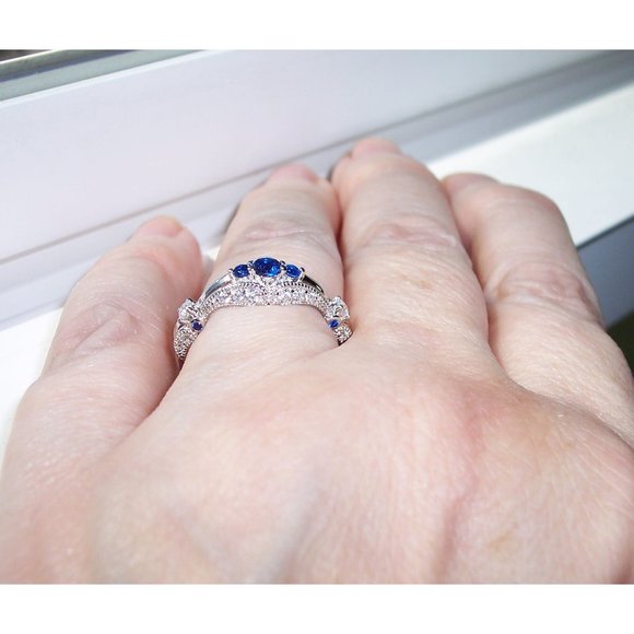 925 STERLING SILVER Antique Style Blue Spinel Cubic Zirconia Filigree Ring - Picture 8 of 16